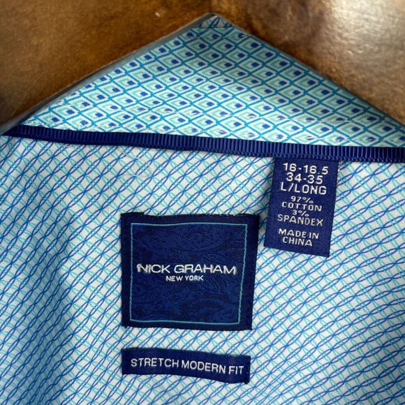 NWOT Nick Graham Men's L Stretch Modern Fit Dress Shirt Blue Pattern - Picture 6 of 10